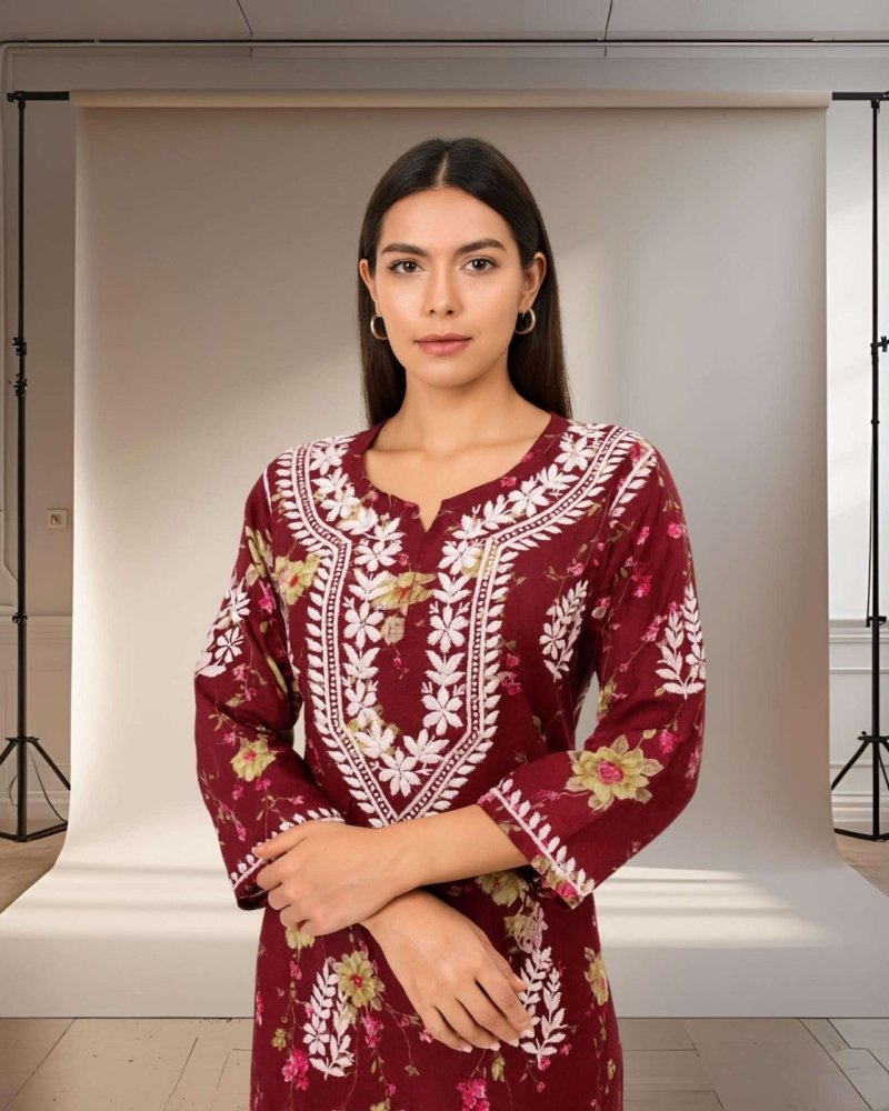 Rinezza Women's Embroidered Lucknowi Chikankari Kurti Cotton | Floral Print | 3/4 Sleeve | Kurta for Women Office Straight Cut