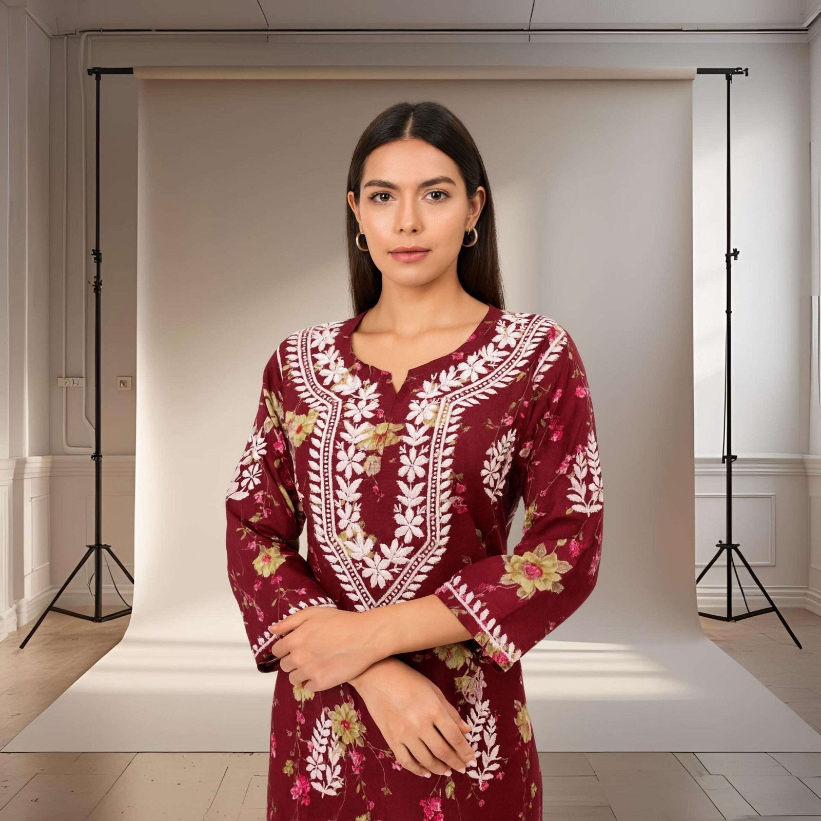 Rinezza Women's Embroidered Lucknowi Chikankari Kurti Cotton | Floral Print | 3/4 Sleeve | Kurta for Women Office Straight Cut - Image 5