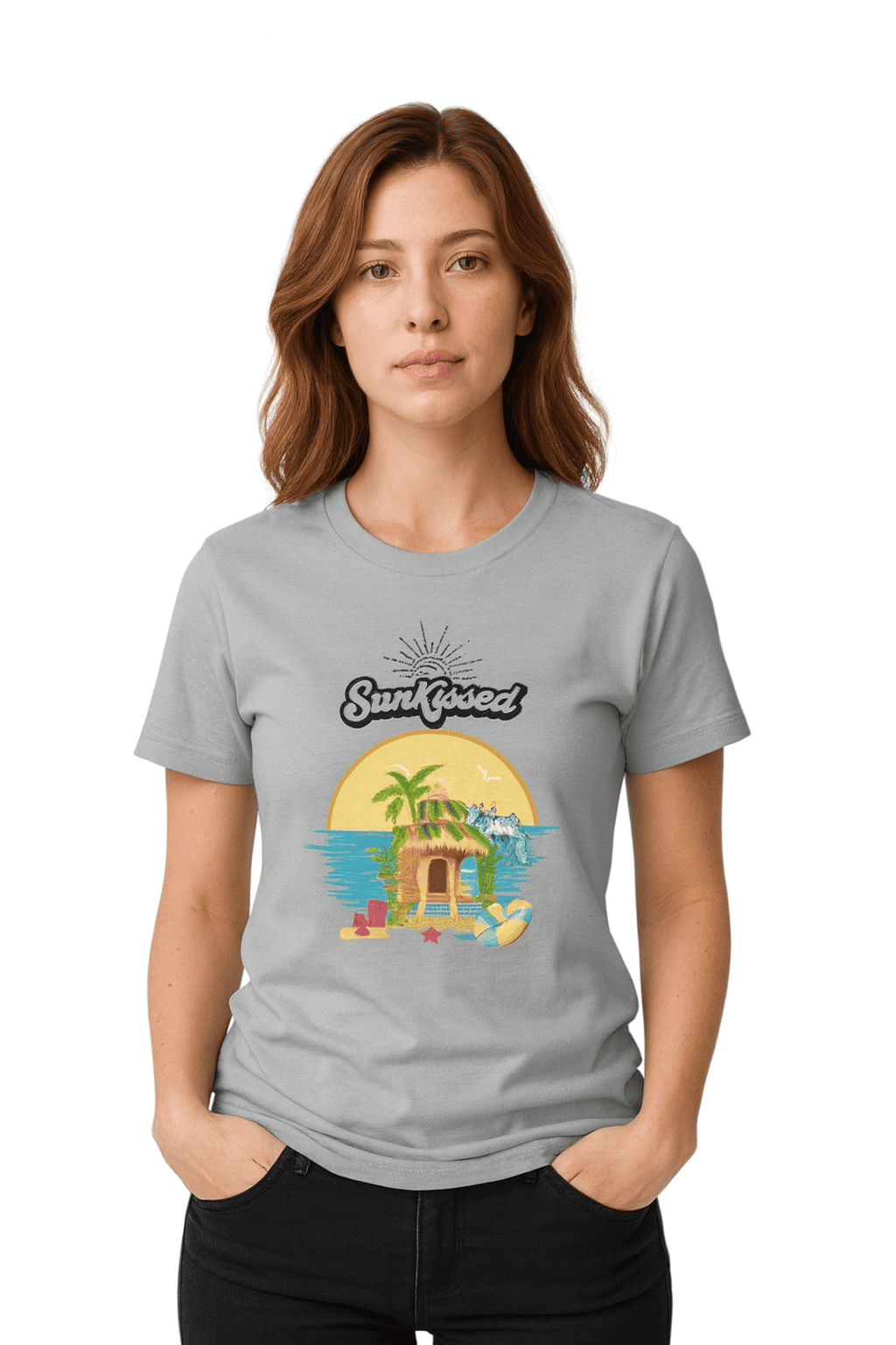 Funtee Sunkissed Tropical Paradise Graphic Imported T-Shirt – Light Grey for Unisex - Image 3