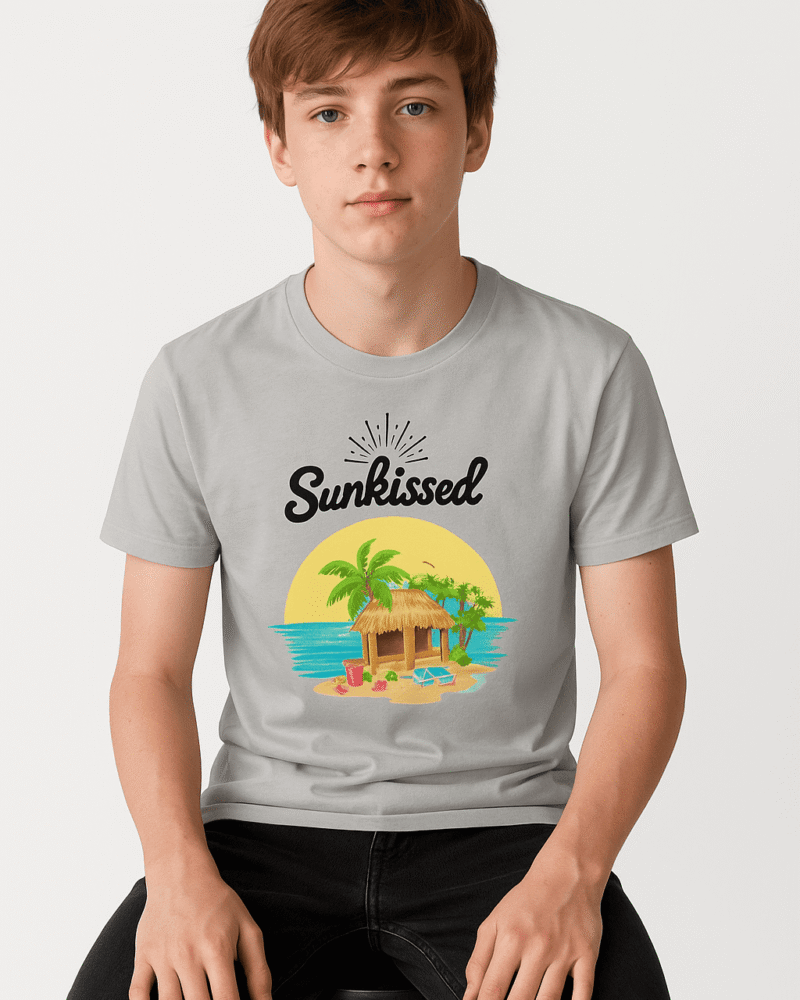 Funtee Sunkissed Tropical Paradise Graphic Imported T-Shirt – Light Grey for Unisex