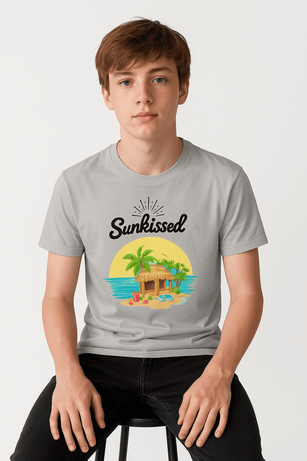Funtee Sunkissed Tropical Paradise Graphic Imported T-Shirt – Light Grey for Unisex - Image 4