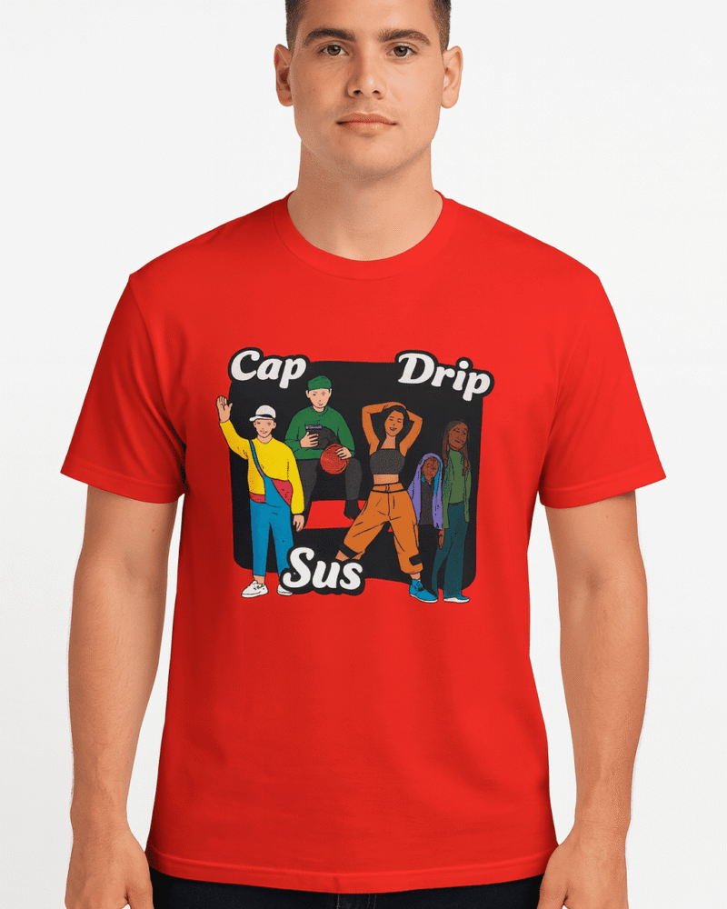 Funtee Bold Cap Drip Sus Graphic Printed Imported T-Shirt – Casual Cool Unisex Wear