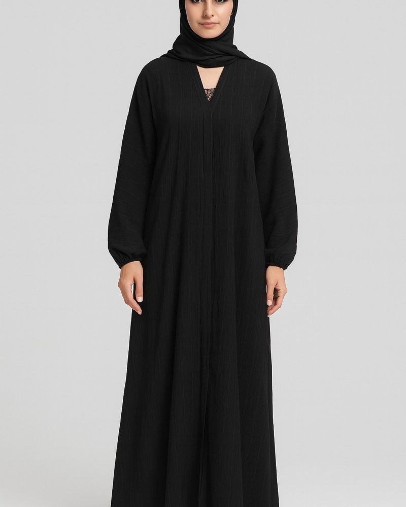 Rinezza Black Abaya with Self Design Pattern | Full Sleeve Elastic | Large Size 56 Length | Free Black Dupatta