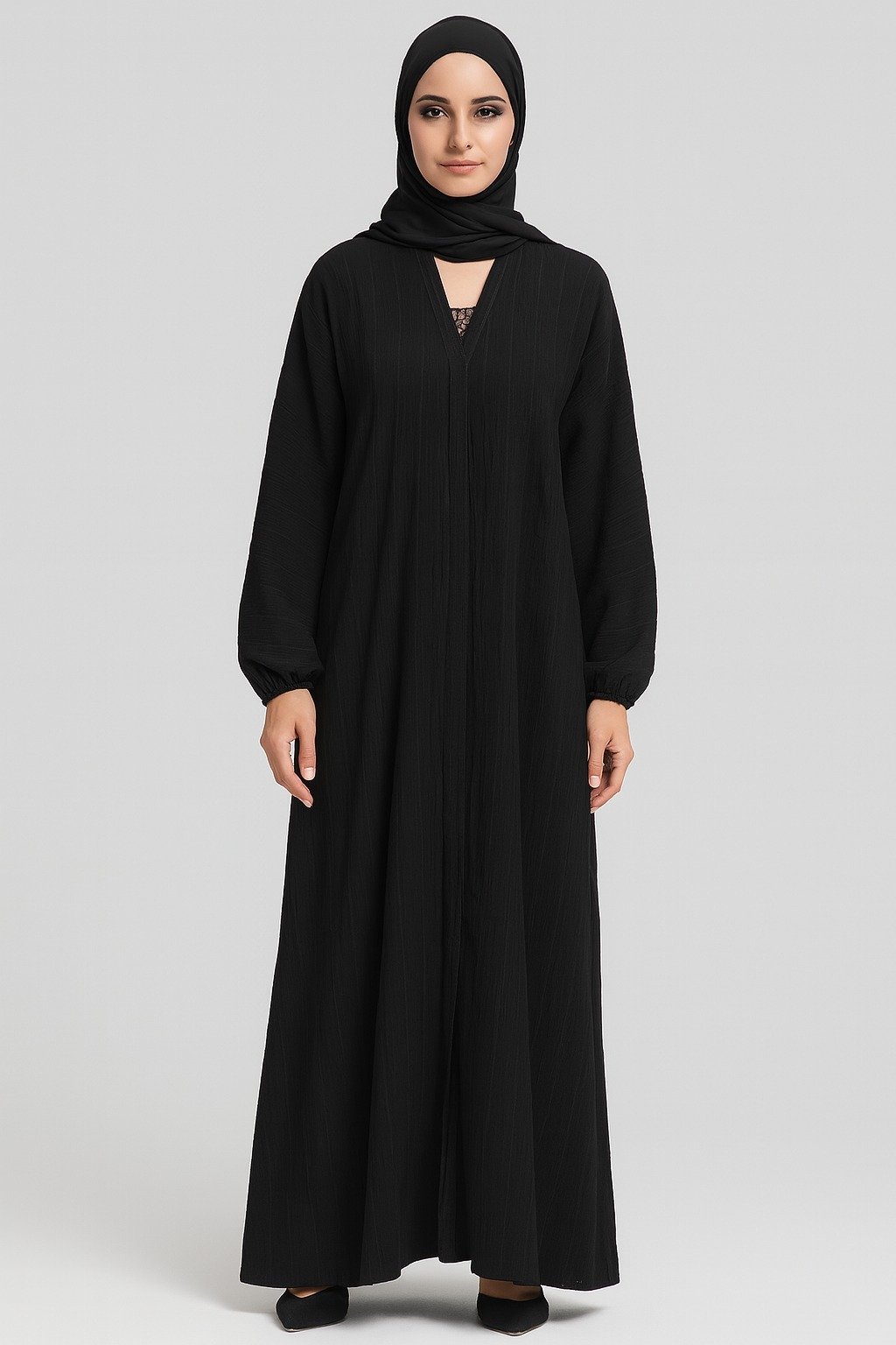 Rinezza Black Abaya with Self Design Pattern | Full Sleeve Elastic | Large Size 56 Length | Free Black Dupatta