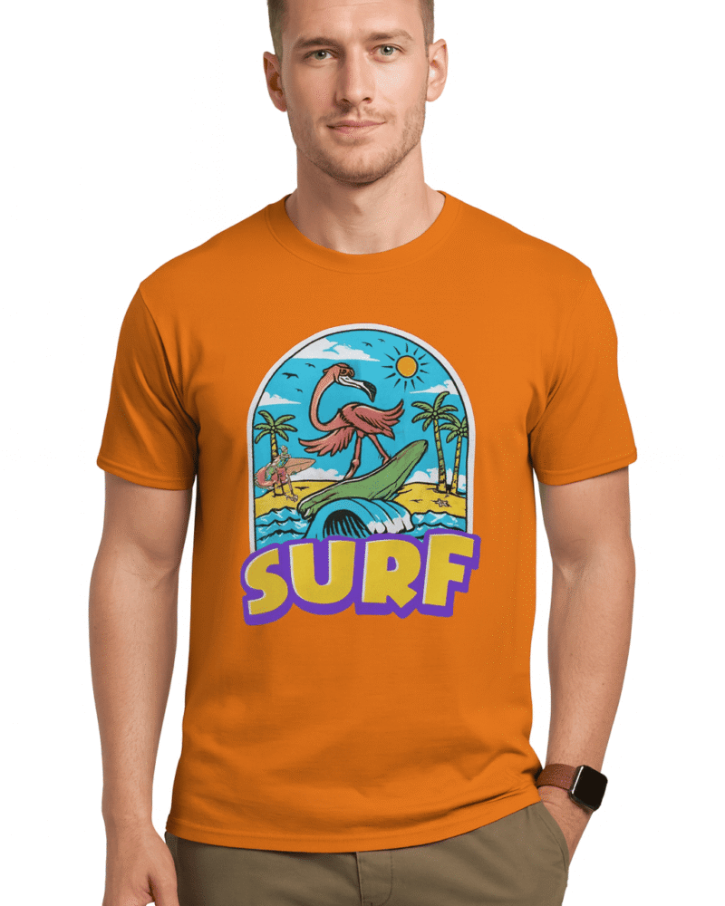 Funtee SURF Tropical Flamingo Graphic Unisex Imported T-Shirt – Beach Vibes & Style | Orange