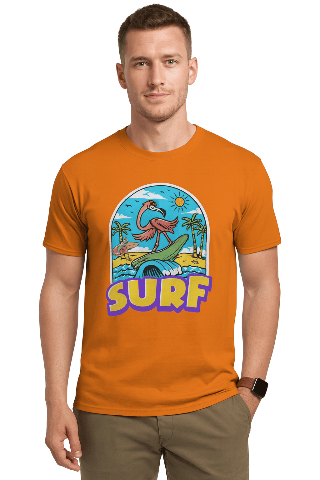 Funtee SURF Tropical Flamingo Graphic Unisex Imported T-Shirt – Beach Vibes & Style | Orange - Image 2