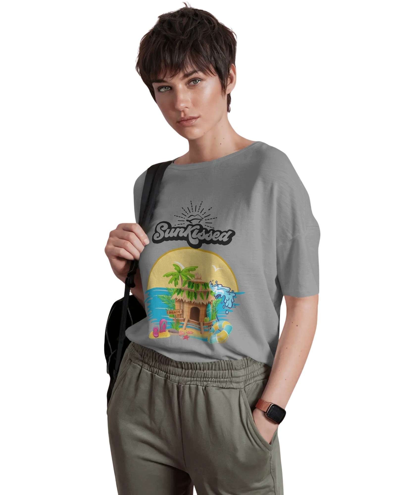 Funtee Sunkissed Tropical Paradise Graphic Imported T-Shirt – Light Grey for Unisex