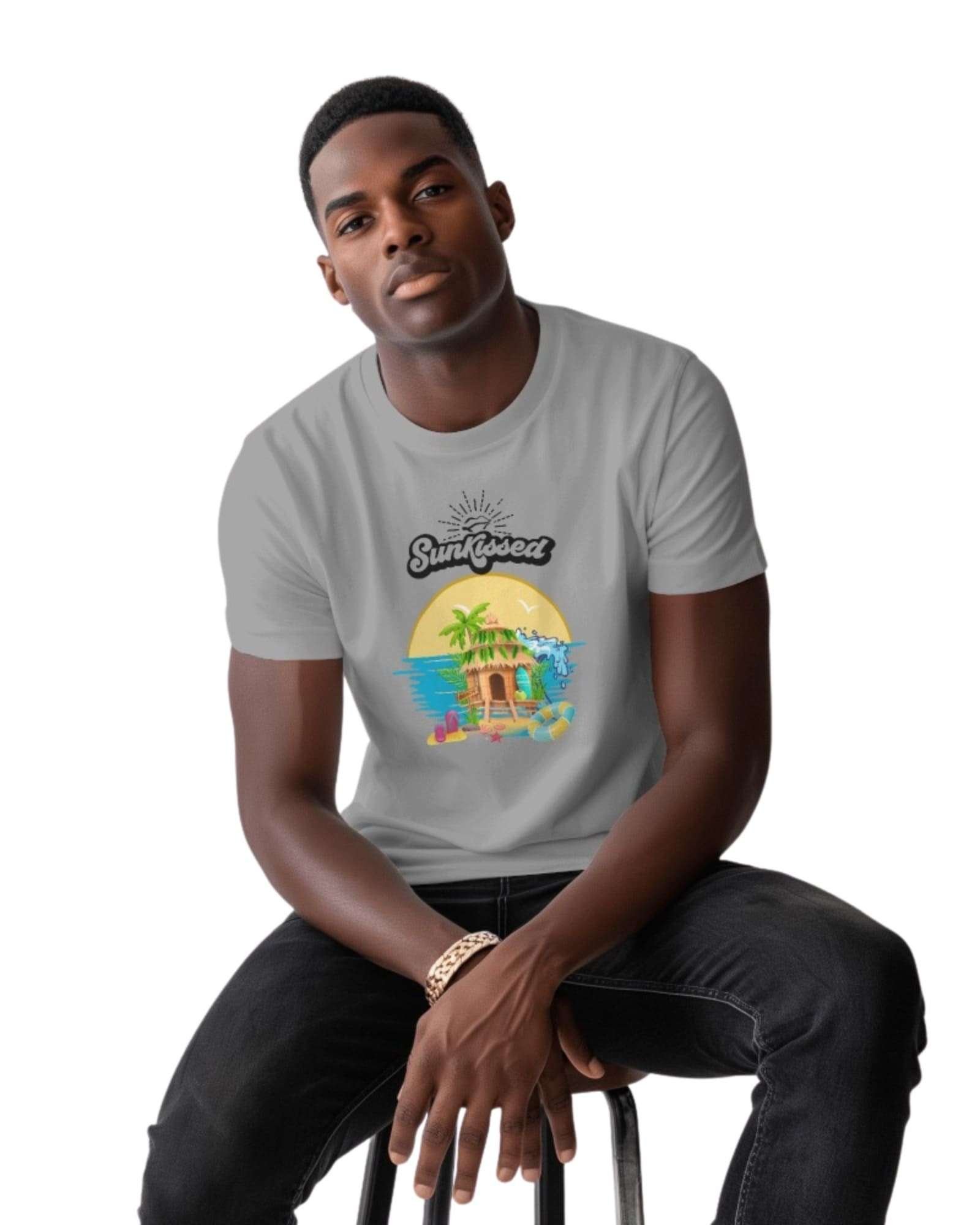 Funtee Sunkissed Tropical Paradise Graphic Imported T-Shirt – Light Grey for Unisex - Image 2